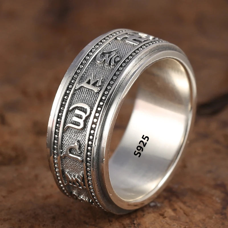 S925 Sterling Silver  Ring For Men Jewelry Retro Buddhist Six-Character Great Mantra Ring Male Female Amulet Jewelry Gift