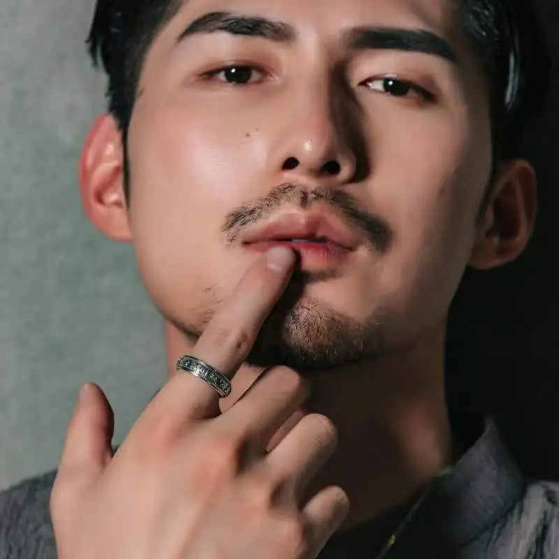 S925 Sterling Silver  Ring For Men Jewelry Retro Buddhist Six-Character Great Mantra Ring Male Female Amulet Jewelry Gift