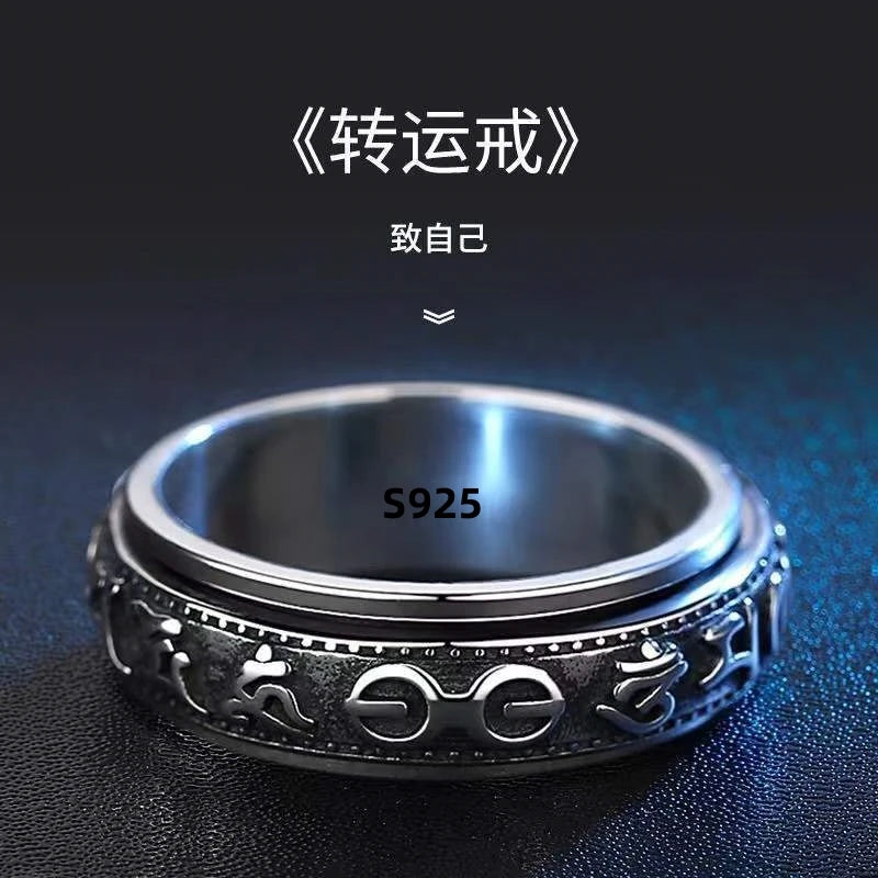 S925 Sterling Silver  Ring For Men Jewelry Retro Buddhist Six-Character Great Mantra Ring Male Female Amulet Jewelry Gift