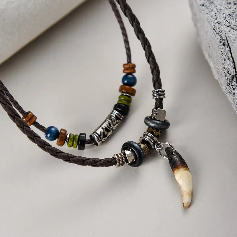 Tribal Dog Tooth Necklace Retro Ethnic Weaving Beads Leather Pendants Multi-layer Wolftooth Neck Chains Accessory Jewelry Gifts
