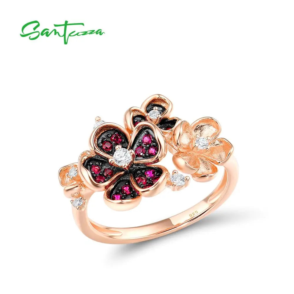 SANTUZZA Silver Ring For Women 925 Sterling Silver Flower Rose Color Shiny Created Ruby White CZ Ring Elegant Party Fine Jewelry