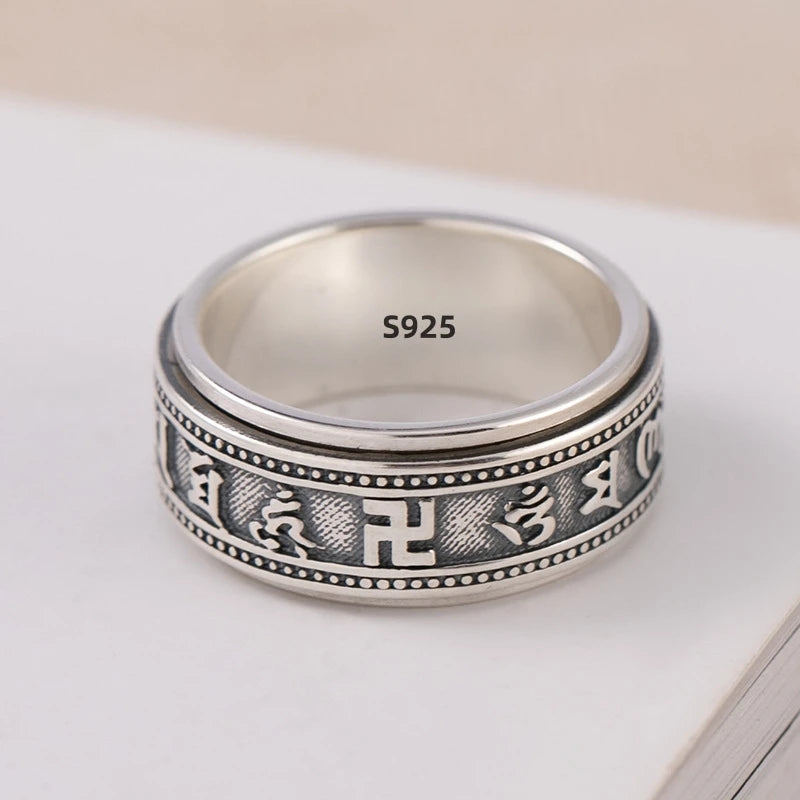 S925 Sterling Silver  Ring For Men Jewelry Retro Buddhist Six-Character Great Mantra Ring Male Female Amulet Jewelry Gift