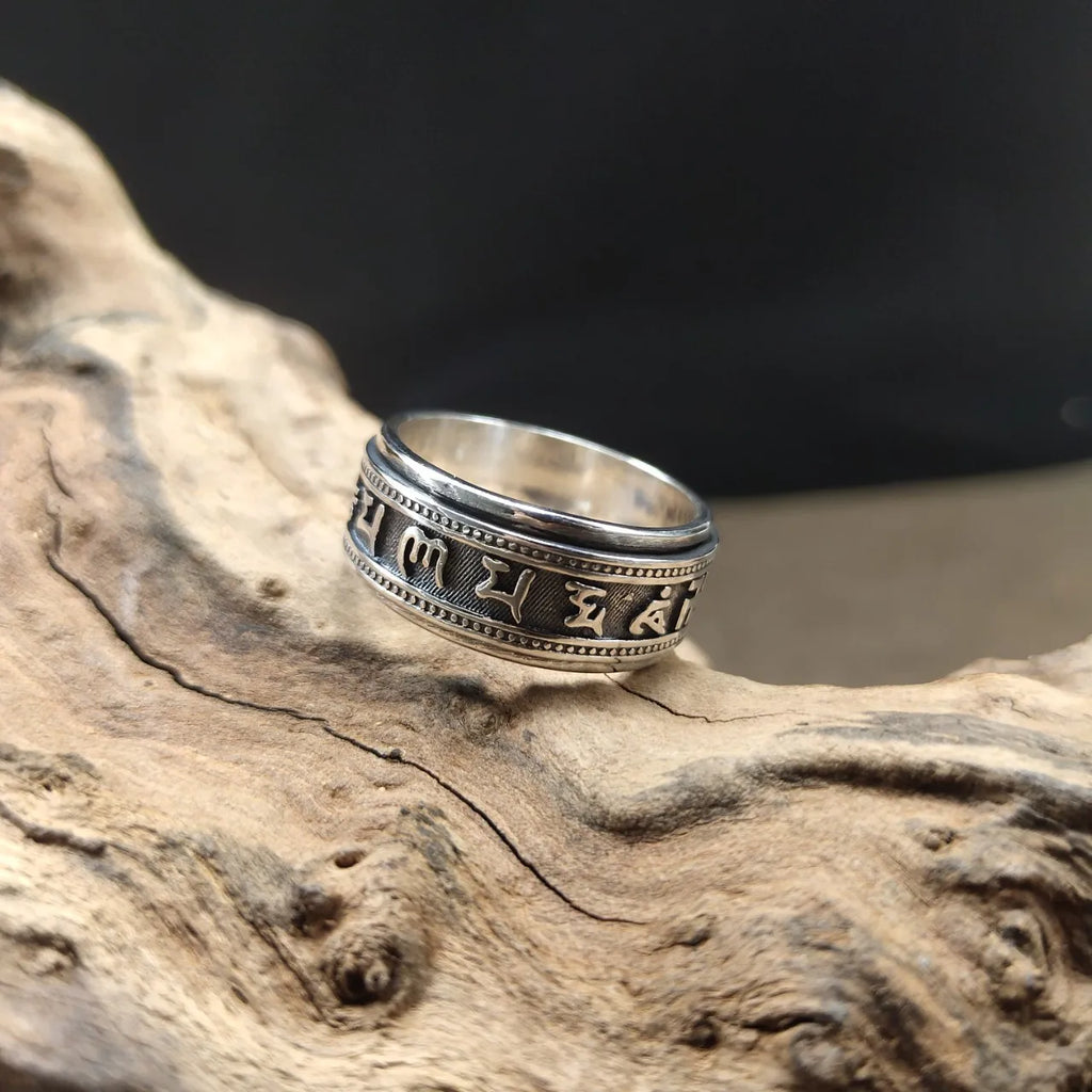S925 Sterling Silver  Ring For Men Jewelry Retro Buddhist Six-Character Great Mantra Ring Male Female Amulet Jewelry Gift