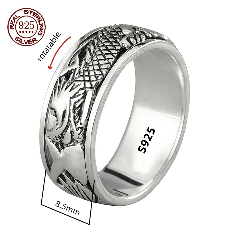 S925 Sterling Silver  Ring For Men Jewelry Retro Buddhist Six-Character Great Mantra Ring Male Female Amulet Jewelry Gift