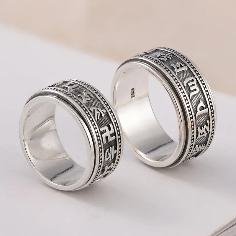 S925 Sterling Silver  Ring For Men Jewelry Retro Buddhist Six-Character Great Mantra Ring Male Female Amulet Jewelry Gift