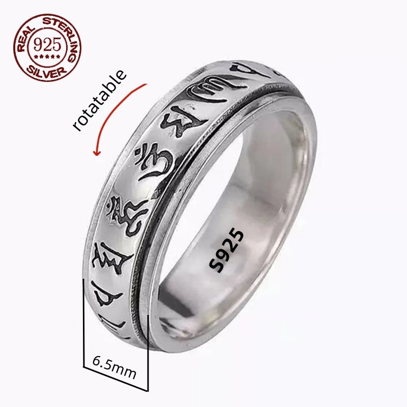 S925 Sterling Silver  Ring For Men Jewelry Retro Buddhist Six-Character Great Mantra Ring Male Female Amulet Jewelry Gift