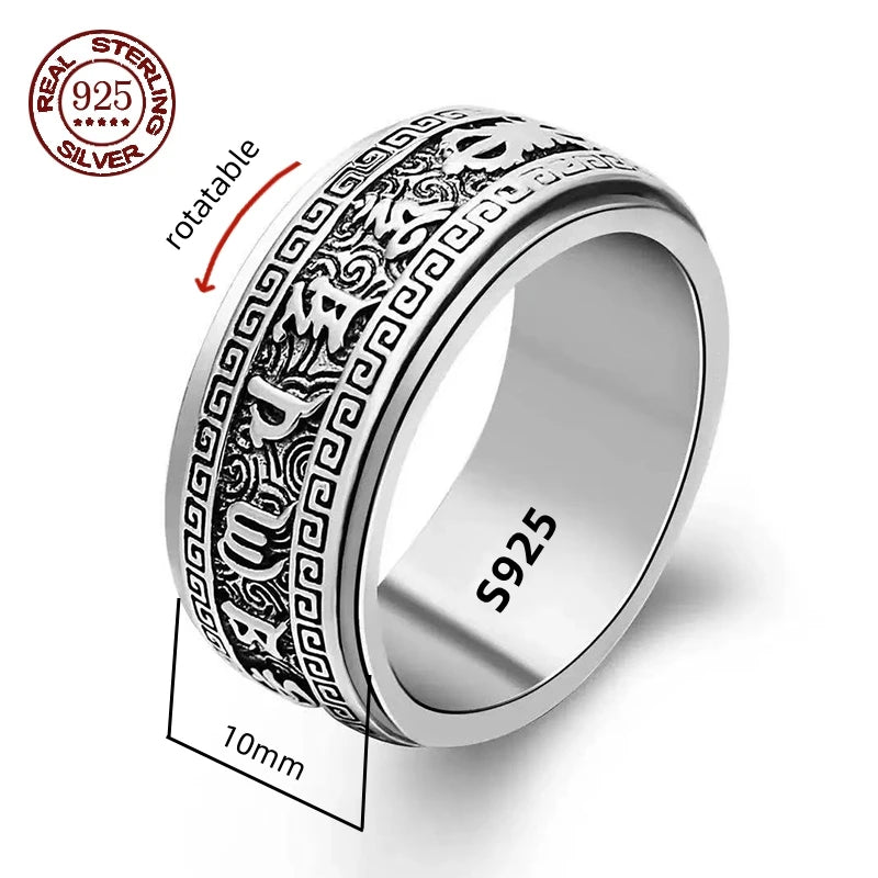 S925 Sterling Silver  Ring For Men Jewelry Retro Buddhist Six-Character Great Mantra Ring Male Female Amulet Jewelry Gift