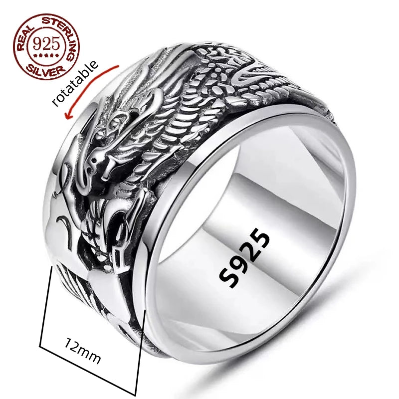 S925 Sterling Silver  Ring For Men Jewelry Retro Buddhist Six-Character Great Mantra Ring Male Female Amulet Jewelry Gift