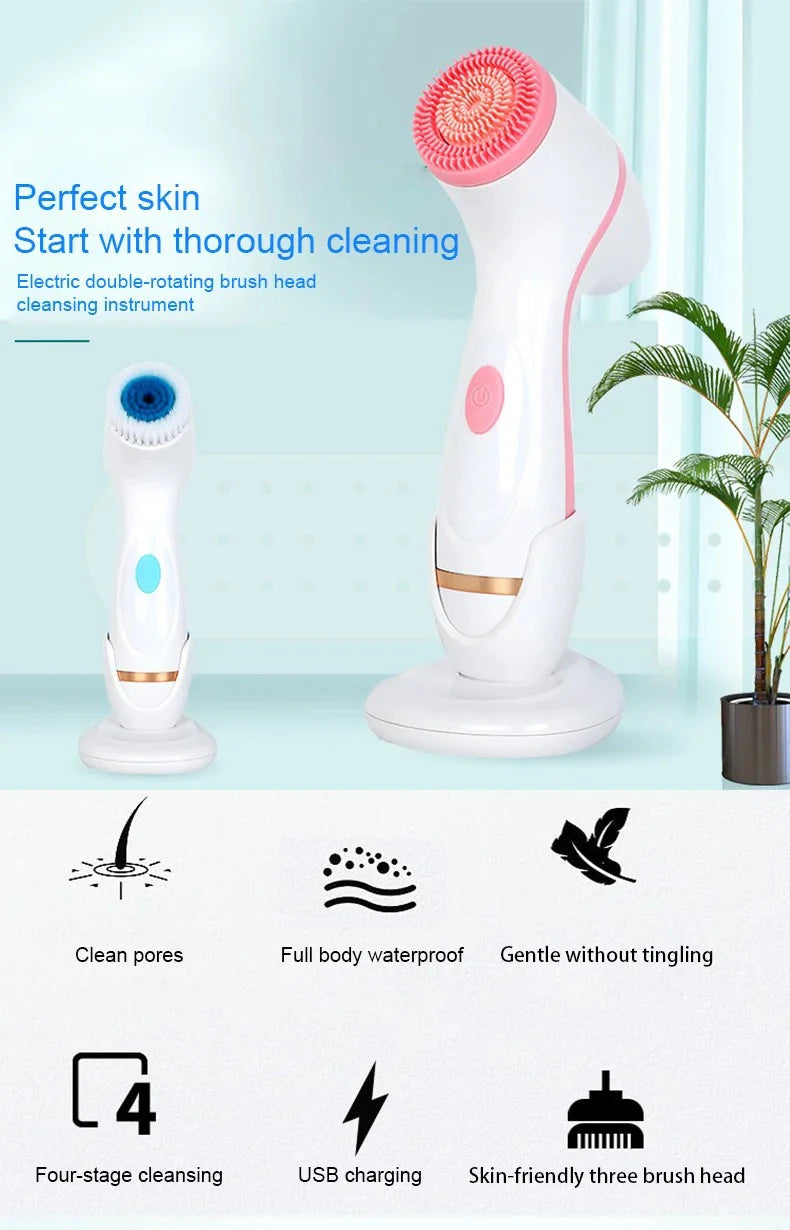 3 In 1 Electric Cleansing Brush Ultrasonic Facial Cleaner Face Massagers Sonic Rotating Cleansing Brush Face Deep Cleansing Tool
