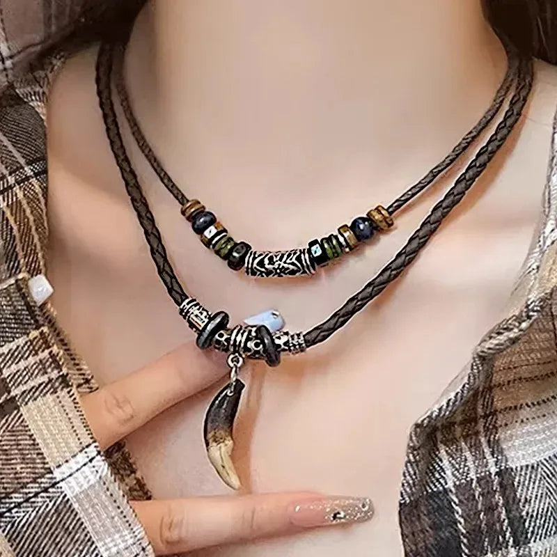 Tribal Dog Tooth Necklace Retro Ethnic Weaving Beads Leather Pendants Multi-layer Wolftooth Neck Chains Accessory Jewelry Gifts