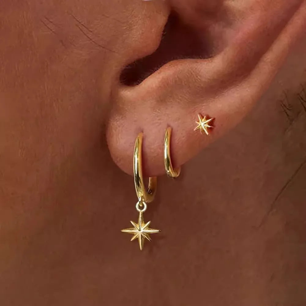 3pcs Fashion Tassel Dangle Hexagram Earring Sets for Women Metal Round Star Drop Earrings Hip Hop Punk Men Unisex Rock Jewelry