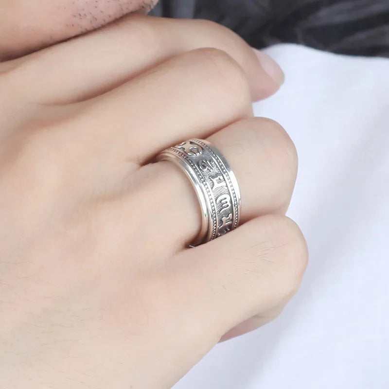 S925 Sterling Silver  Ring For Men Jewelry Retro Buddhist Six-Character Great Mantra Ring Male Female Amulet Jewelry Gift