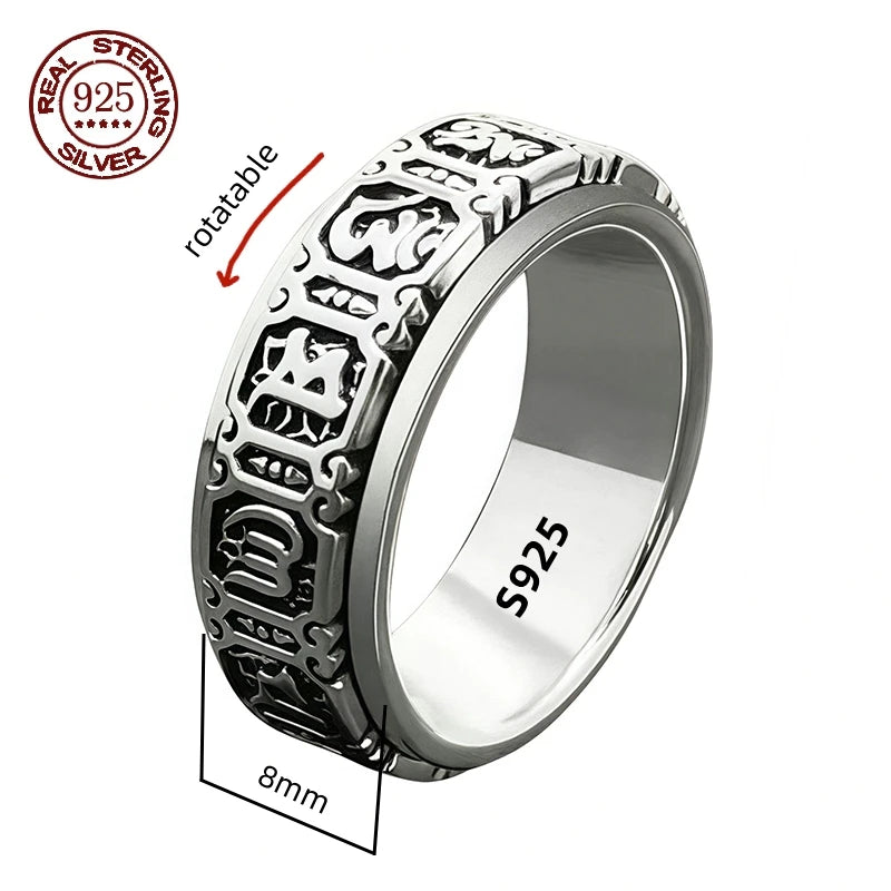 S925 Sterling Silver  Ring For Men Jewelry Retro Buddhist Six-Character Great Mantra Ring Male Female Amulet Jewelry Gift