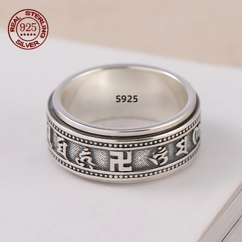 S925 Sterling Silver  Ring For Men Jewelry Retro Buddhist Six-Character Great Mantra Ring Male Female Amulet Jewelry Gift