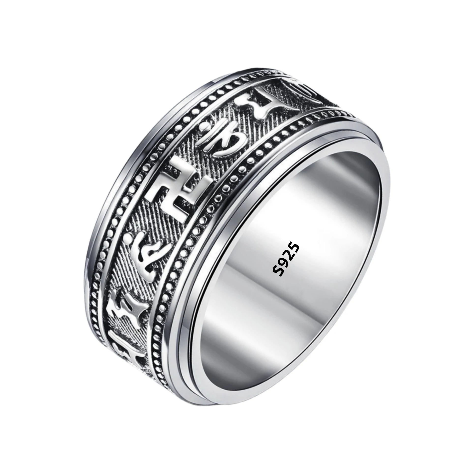 S925 Sterling Silver  Ring For Men Jewelry Retro Buddhist Six-Character Great Mantra Ring Male Female Amulet Jewelry Gift