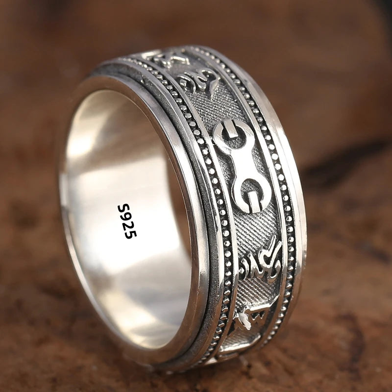 S925 Sterling Silver  Ring For Men Jewelry Retro Buddhist Six-Character Great Mantra Ring Male Female Amulet Jewelry Gift