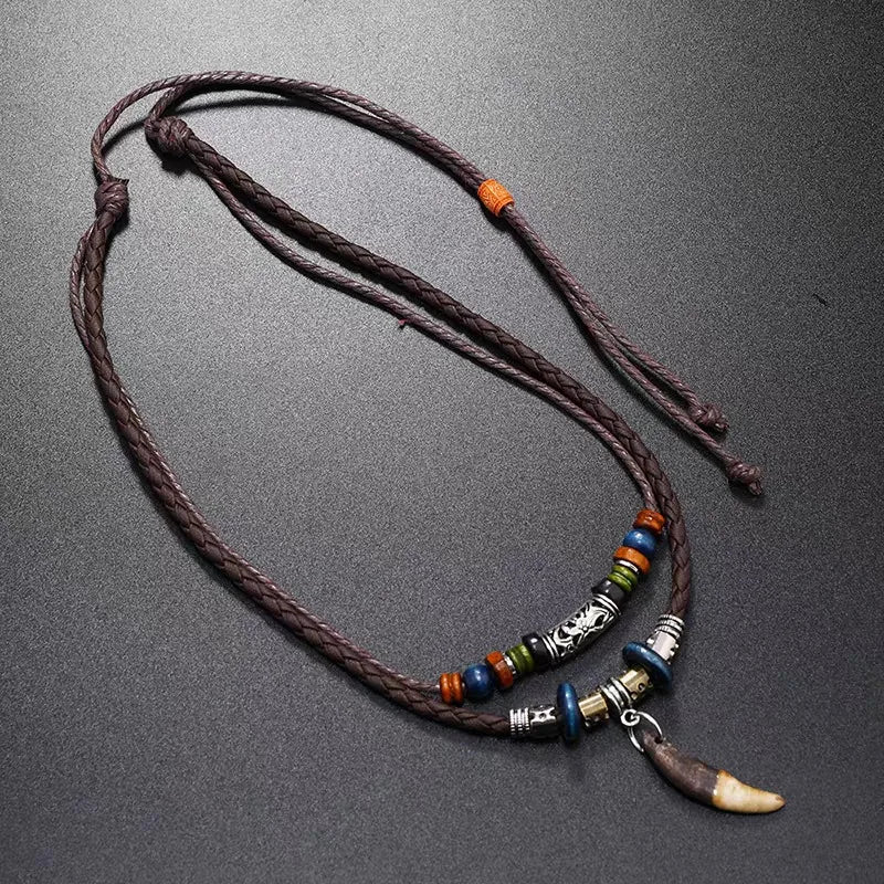 Tribal Dog Tooth Necklace Retro Ethnic Weaving Beads Leather Pendants Multi-layer Wolftooth Neck Chains Accessory Jewelry Gifts
