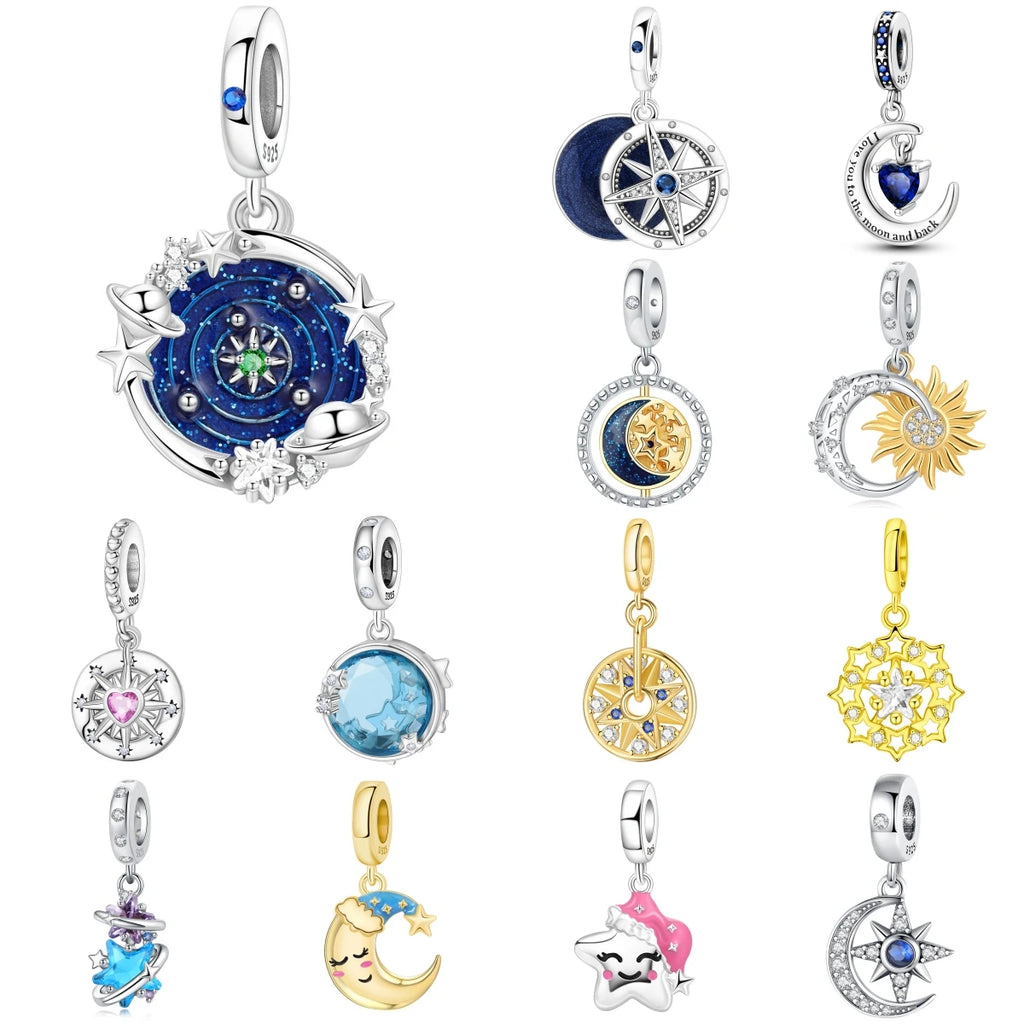 PANPOKI 925 Sterling Silver Dreamy Universe Star Original Pendants Bracelet Charms Jewelry Party Beads DIY Trendy Gifts