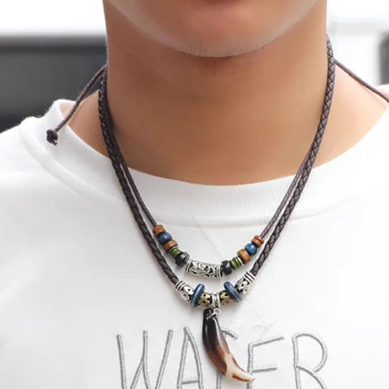 Tribal Dog Tooth Necklace Retro Ethnic Weaving Beads Leather Pendants Multi-layer Wolftooth Neck Chains Accessory Jewelry Gifts