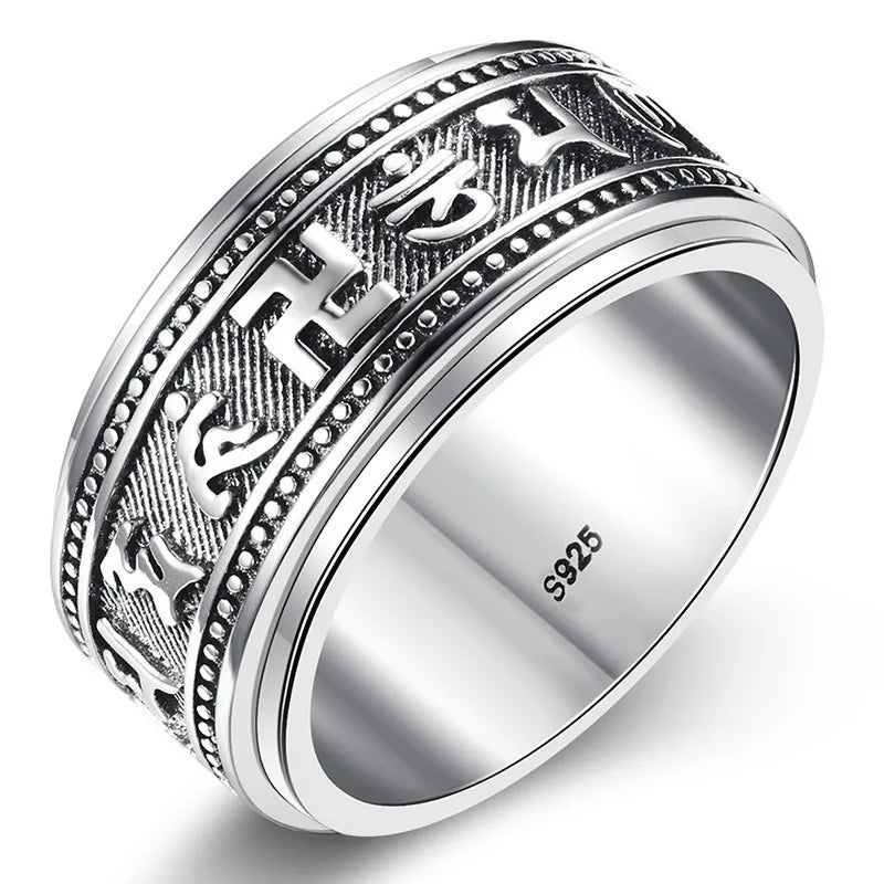 S925 Sterling Silver  Ring For Men Jewelry Retro Buddhist Six-Character Great Mantra Ring Male Female Amulet Jewelry Gift