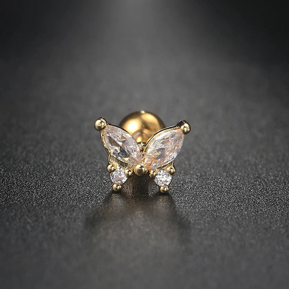 1pc Tragus Piercing Earrings Butterfly Women Jewelry Zircon Gold Color Helix Septum Cartilage Daith Stainless Steel Ear Ring