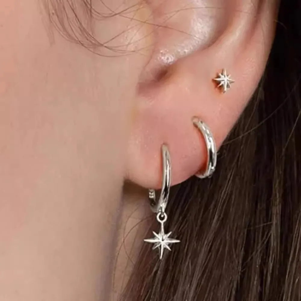 3pcs Fashion Tassel Dangle Hexagram Earring Sets for Women Metal Round Star Drop Earrings Hip Hop Punk Men Unisex Rock Jewelry