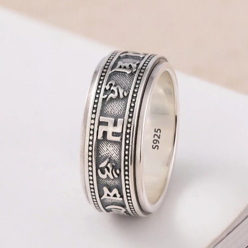 S925 Sterling Silver  Ring For Men Jewelry Retro Buddhist Six-Character Great Mantra Ring Male Female Amulet Jewelry Gift