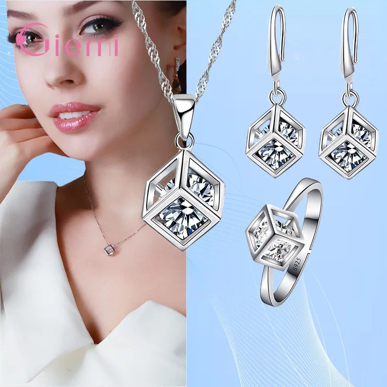 New Arrival Youthful Inlaid Cube Wedding Engagement Gift Necklace Earrings Ring Bracelet Sets 925 Sterling Silver Jewelry