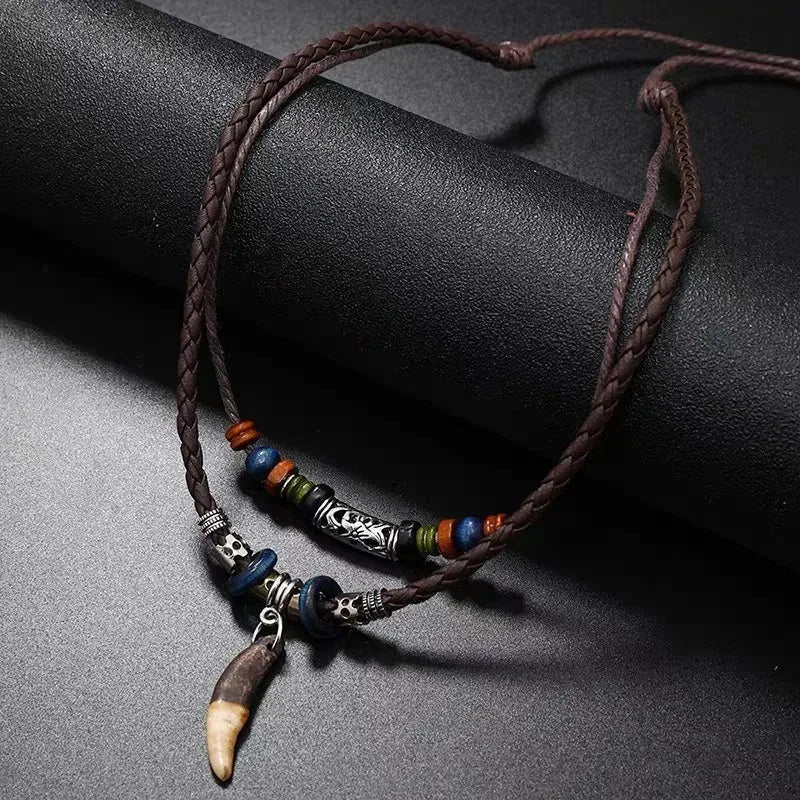 Tribal Dog Tooth Necklace Retro Ethnic Weaving Beads Leather Pendants Multi-layer Wolftooth Neck Chains Accessory Jewelry Gifts