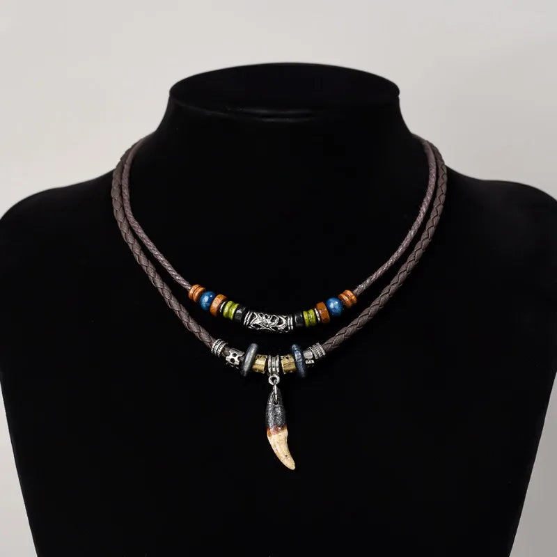 Tribal Dog Tooth Necklace Retro Ethnic Weaving Beads Leather Pendants Multi-layer Wolftooth Neck Chains Accessory Jewelry Gifts