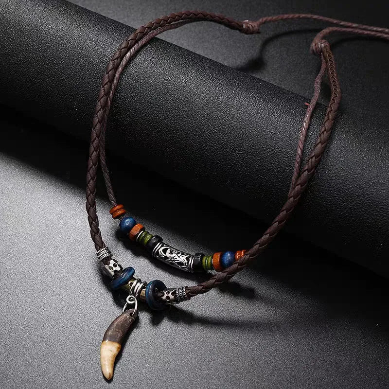 Tribal Dog Tooth Necklace Retro Ethnic Weaving Beads Leather Pendants Multi-layer Wolftooth Neck Chains Accessory Jewelry Gifts