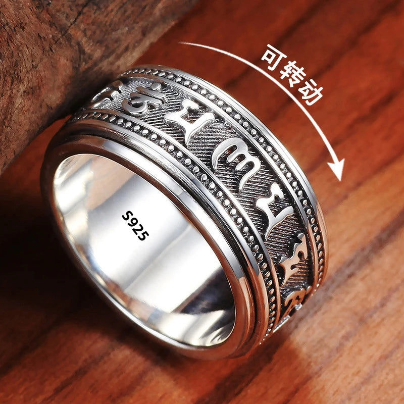 S925 Sterling Silver  Ring For Men Jewelry Retro Buddhist Six-Character Great Mantra Ring Male Female Amulet Jewelry Gift