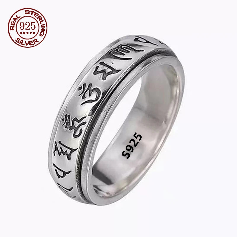 S925 Sterling Silver  Ring For Men Jewelry Retro Buddhist Six-Character Great Mantra Ring Male Female Amulet Jewelry Gift