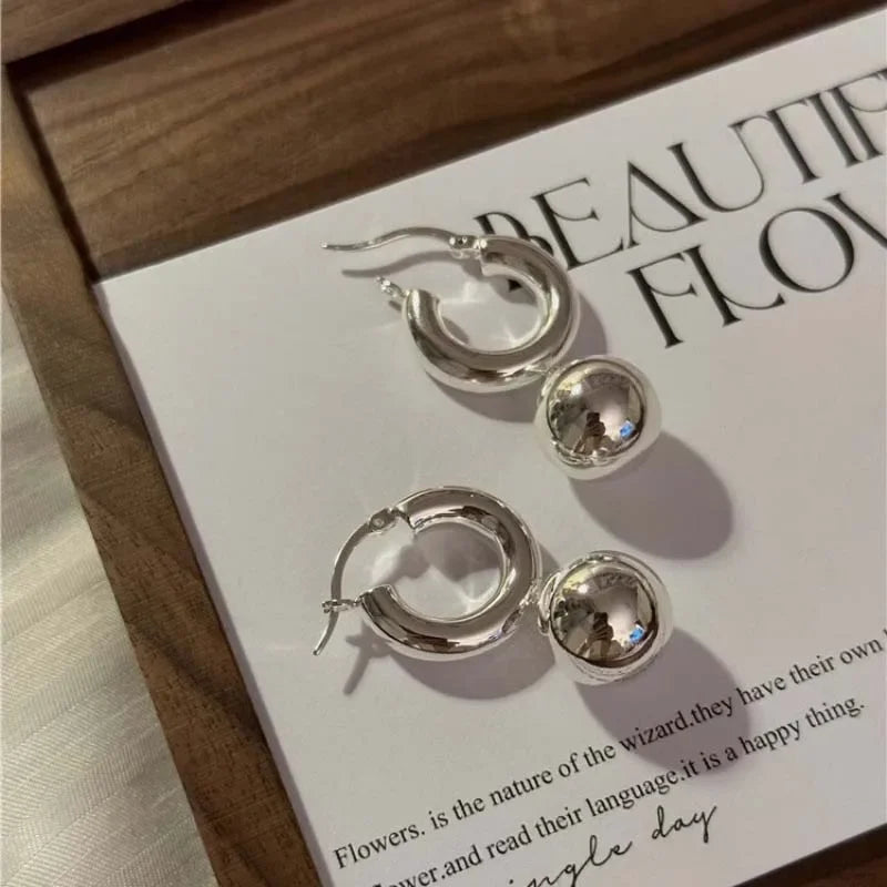 Vintage Metal Gold Color Smooth Ball Drop Earrings For Women Girl Minimalist Stainless Steel Hoop Earrings Jewelry Gifts
