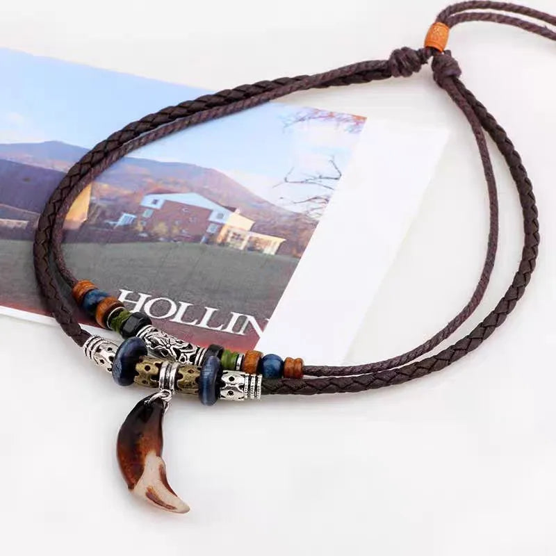 Tribal Dog Tooth Necklace Retro Ethnic Weaving Beads Leather Pendants Multi-layer Wolftooth Neck Chains Accessory Jewelry Gifts