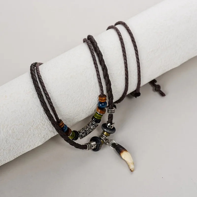Tribal Dog Tooth Necklace Retro Ethnic Weaving Beads Leather Pendants Multi-layer Wolftooth Neck Chains Accessory Jewelry Gifts
