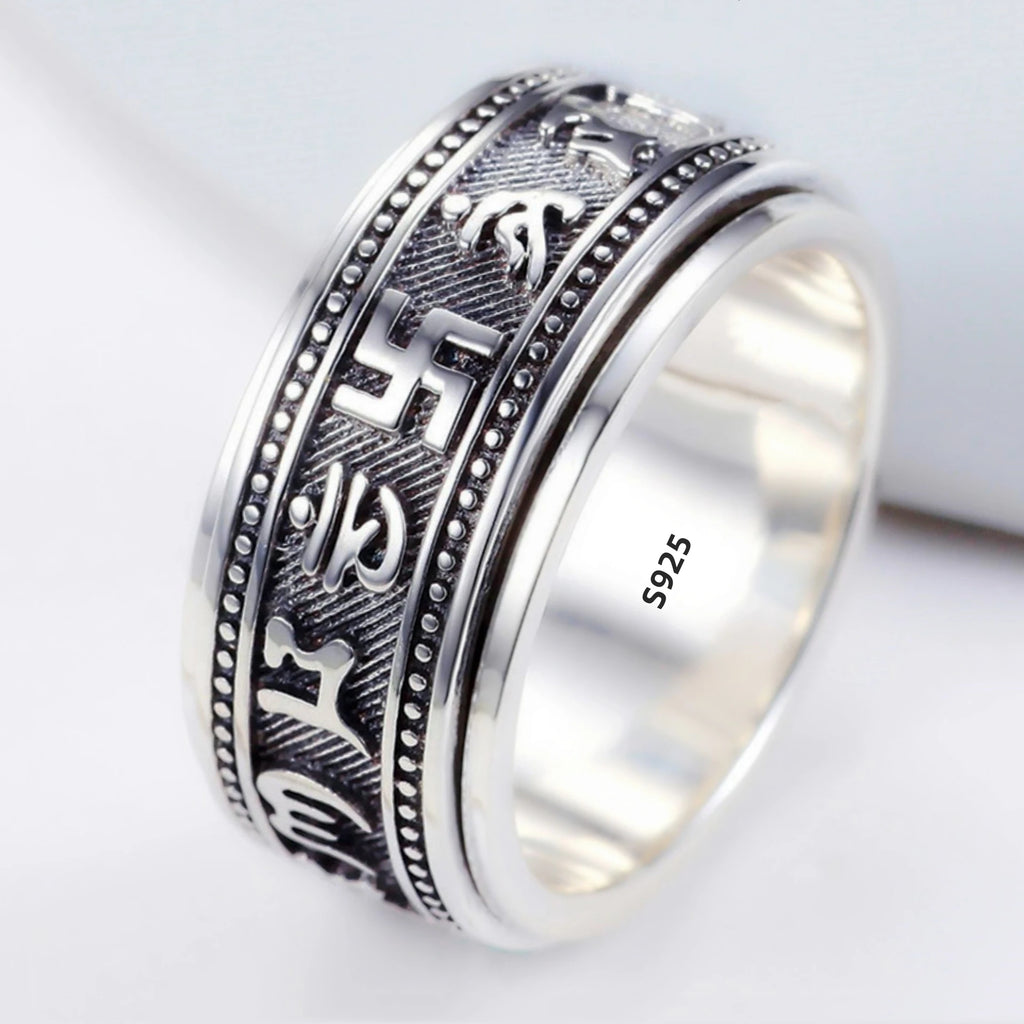 S925 Sterling Silver  Ring For Men Jewelry Retro Buddhist Six-Character Great Mantra Ring Male Female Amulet Jewelry Gift
