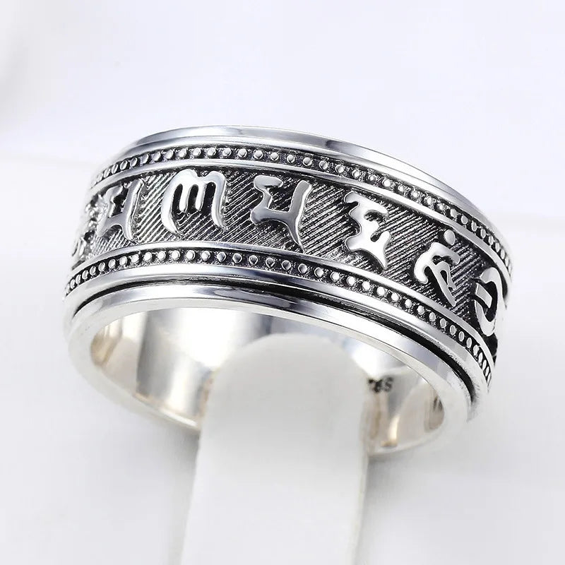 S925 Sterling Silver  Ring For Men Jewelry Retro Buddhist Six-Character Great Mantra Ring Male Female Amulet Jewelry Gift