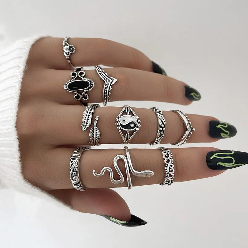 Vintage Punk Metal Multi Element Ring Set For Women Men Antique Silver Color Butterfly Snake Skull Finger Rings Gothic Jewelry