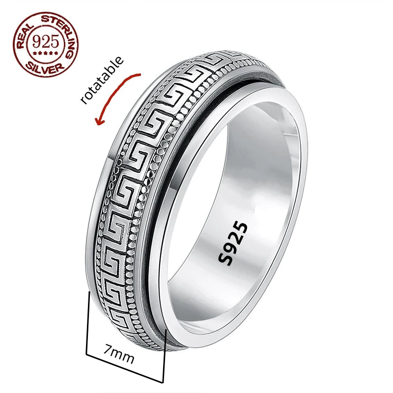 S925 Sterling Silver  Ring For Men Jewelry Retro Buddhist Six-Character Great Mantra Ring Male Female Amulet Jewelry Gift