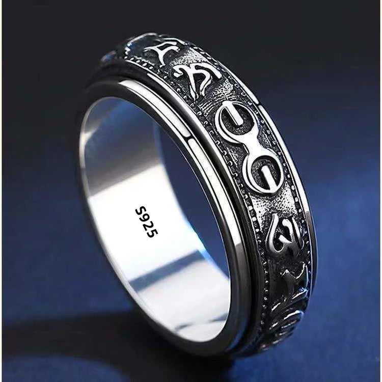 S925 Sterling Silver  Ring For Men Jewelry Retro Buddhist Six-Character Great Mantra Ring Male Female Amulet Jewelry Gift