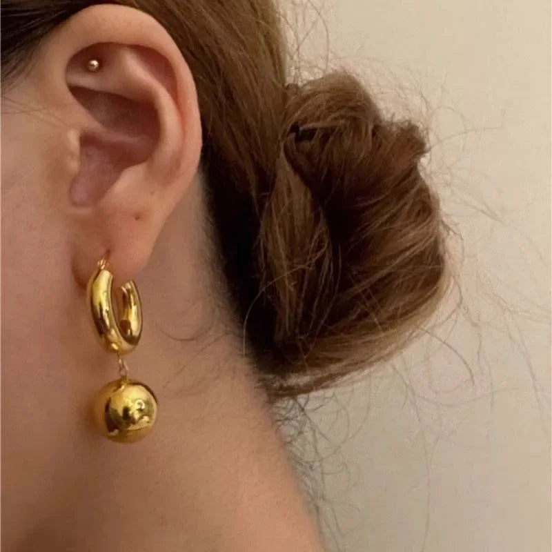 Vintage Metal Gold Color Smooth Ball Drop Earrings For Women Girl Minimalist Stainless Steel Hoop Earrings Jewelry Gifts