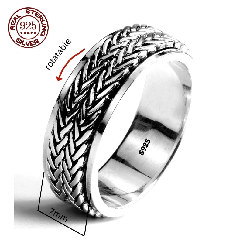 S925 Sterling Silver  Ring For Men Jewelry Retro Buddhist Six-Character Great Mantra Ring Male Female Amulet Jewelry Gift