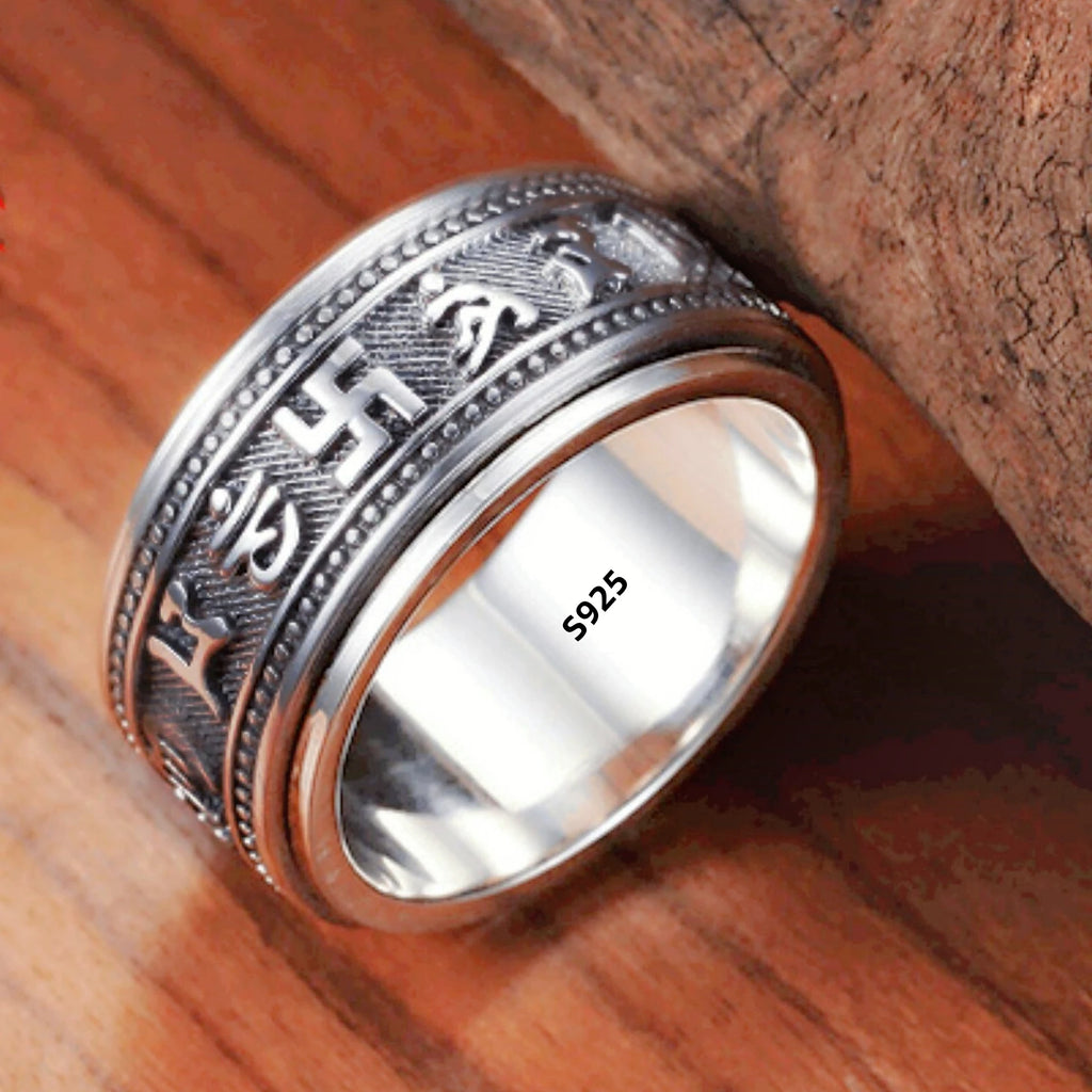 S925 Sterling Silver  Ring For Men Jewelry Retro Buddhist Six-Character Great Mantra Ring Male Female Amulet Jewelry Gift