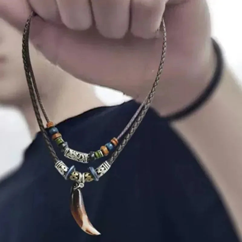 Tribal Dog Tooth Necklace Retro Ethnic Weaving Beads Leather Pendants Multi-layer Wolftooth Neck Chains Accessory Jewelry Gifts