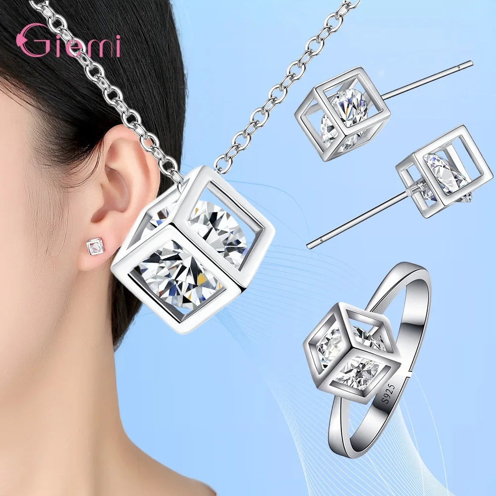 New Arrival Youthful Inlaid Cube Wedding Engagement Gift Necklace Earrings Ring Bracelet Sets 925 Sterling Silver Jewelry
