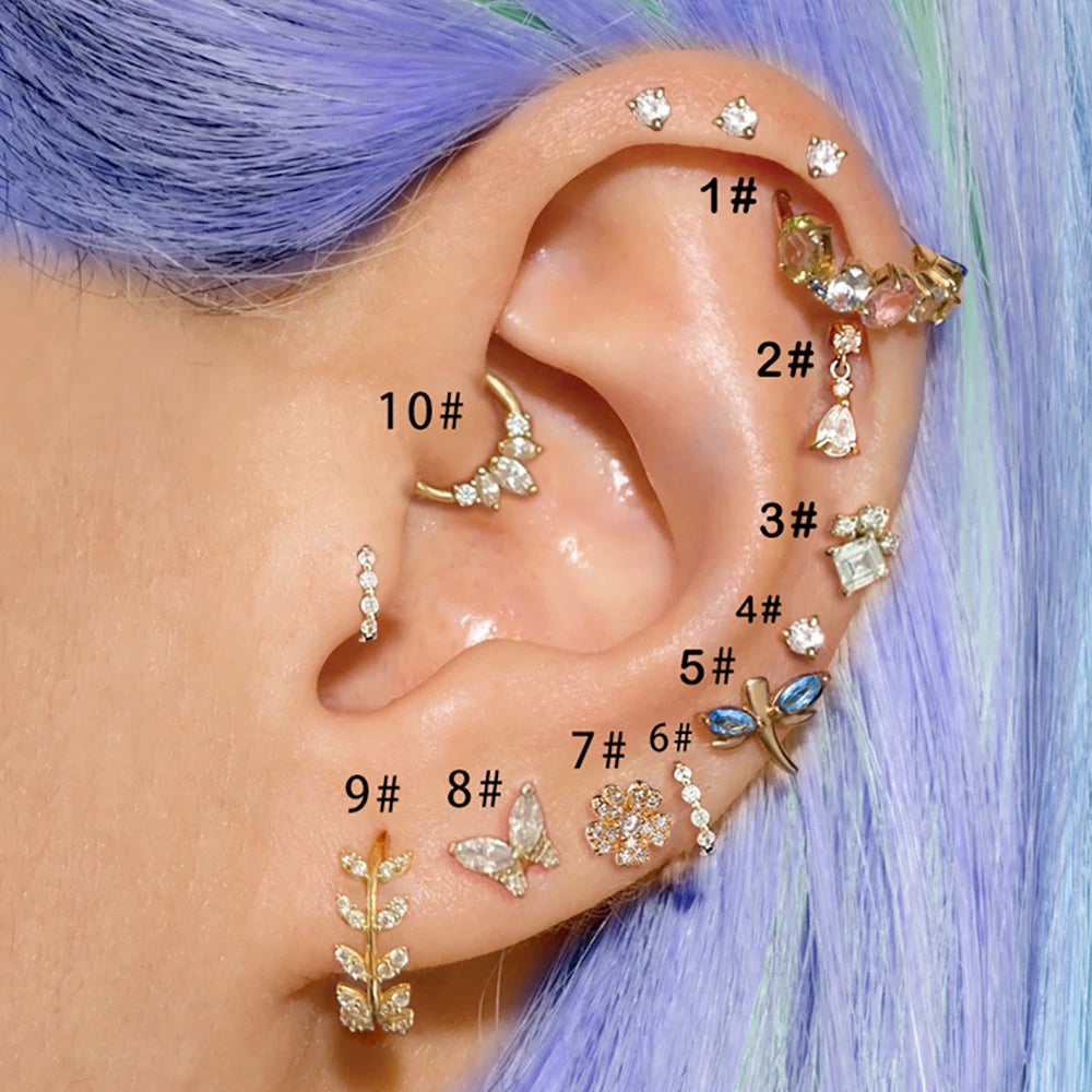 1pc Tragus Piercing Earrings Butterfly Women Jewelry Zircon Gold Color Helix Septum Cartilage Daith Stainless Steel Ear Ring