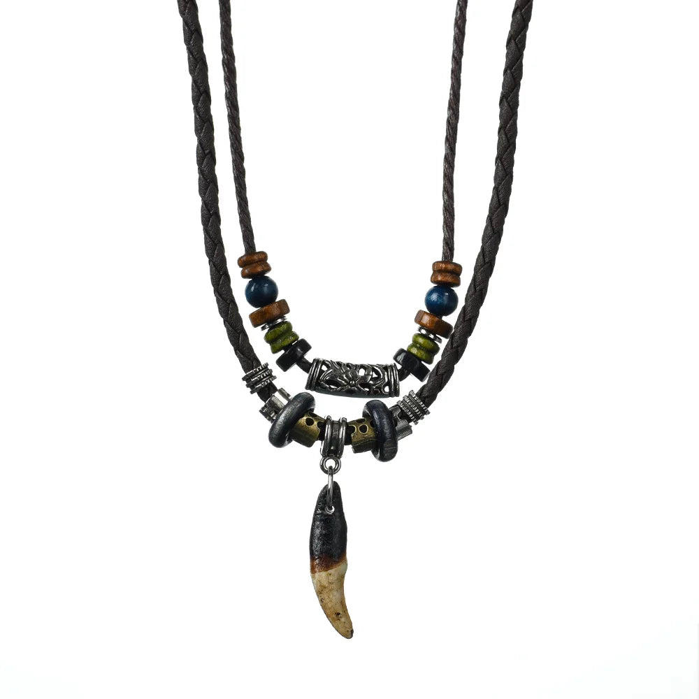 Tribal Dog Tooth Necklace Retro Ethnic Weaving Beads Leather Pendants Multi-layer Wolftooth Neck Chains Accessory Jewelry Gifts