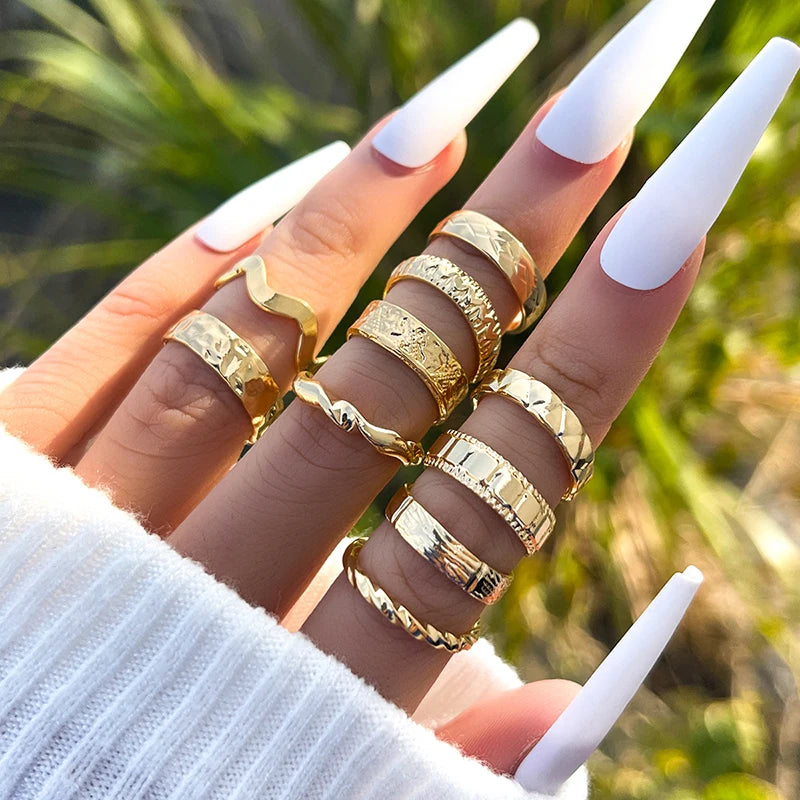 Vintage Punk Metal Multi Element Ring Set For Women Men Antique Silver Color Butterfly Snake Skull Finger Rings Gothic Jewelry