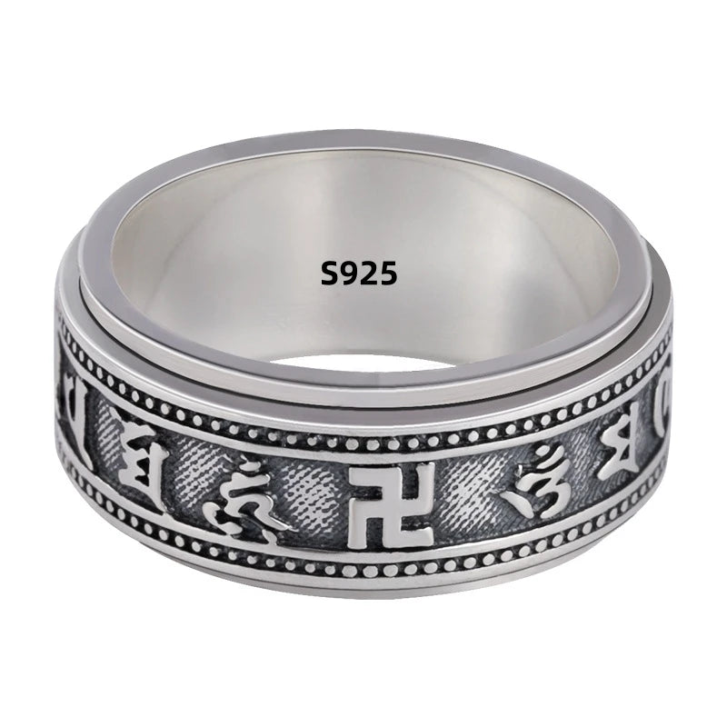 S925 Sterling Silver  Ring For Men Jewelry Retro Buddhist Six-Character Great Mantra Ring Male Female Amulet Jewelry Gift